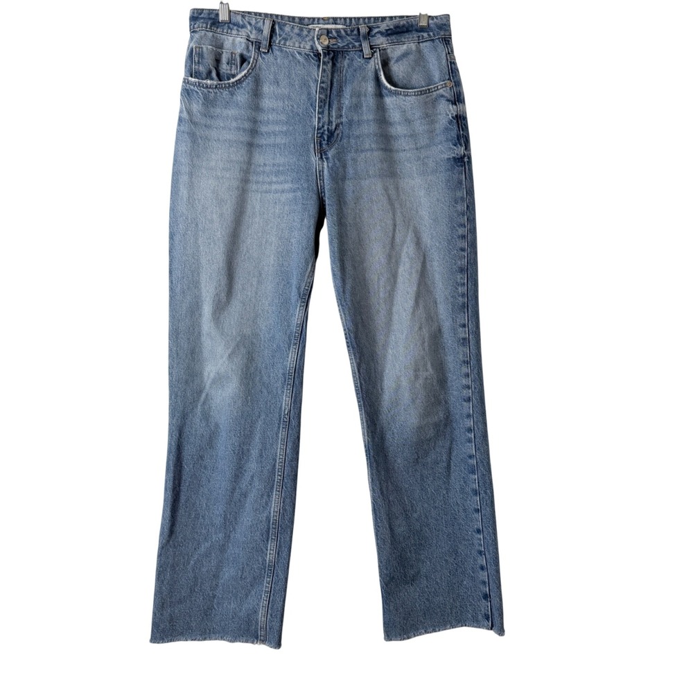 Zara Straight Leg Jeans Women Size 12 Light Blue Wash Raw Hem High Rise Denim